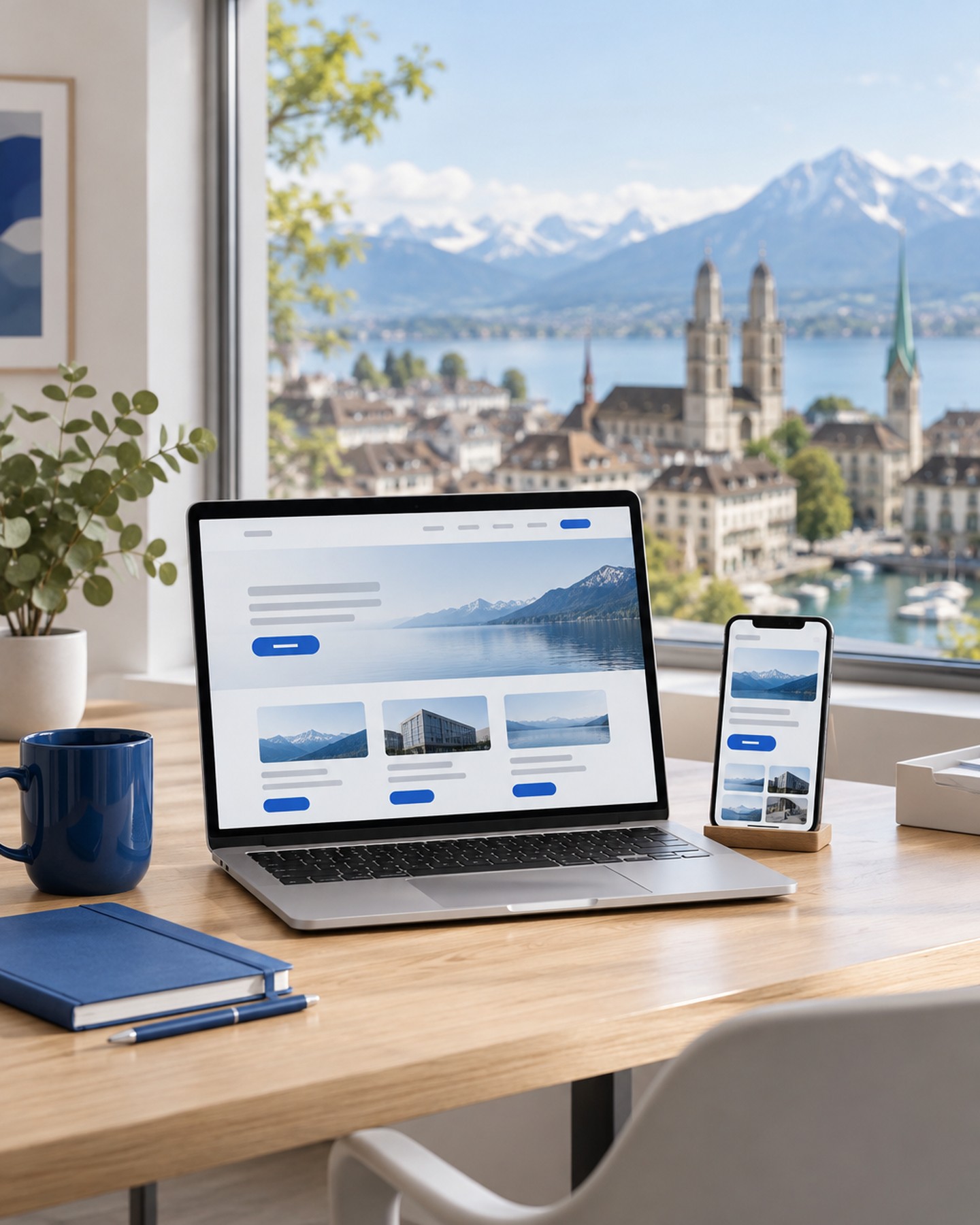 Moderner Arbeitsplatz mit Laptop und Smartphone – Webdesign für Schweizer KMU